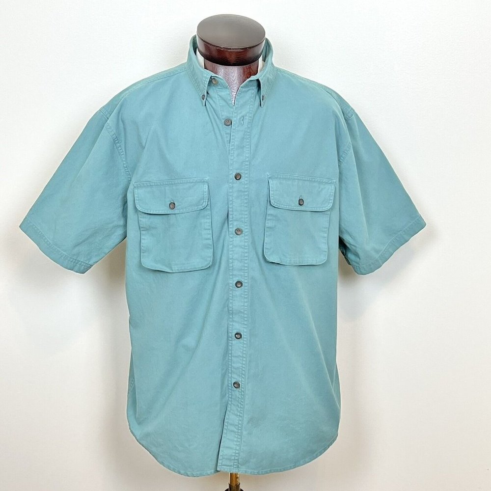Woolrich Mens Short Sleeve‎ Green Button Down Shirt Cargo Pockets Large Utility
